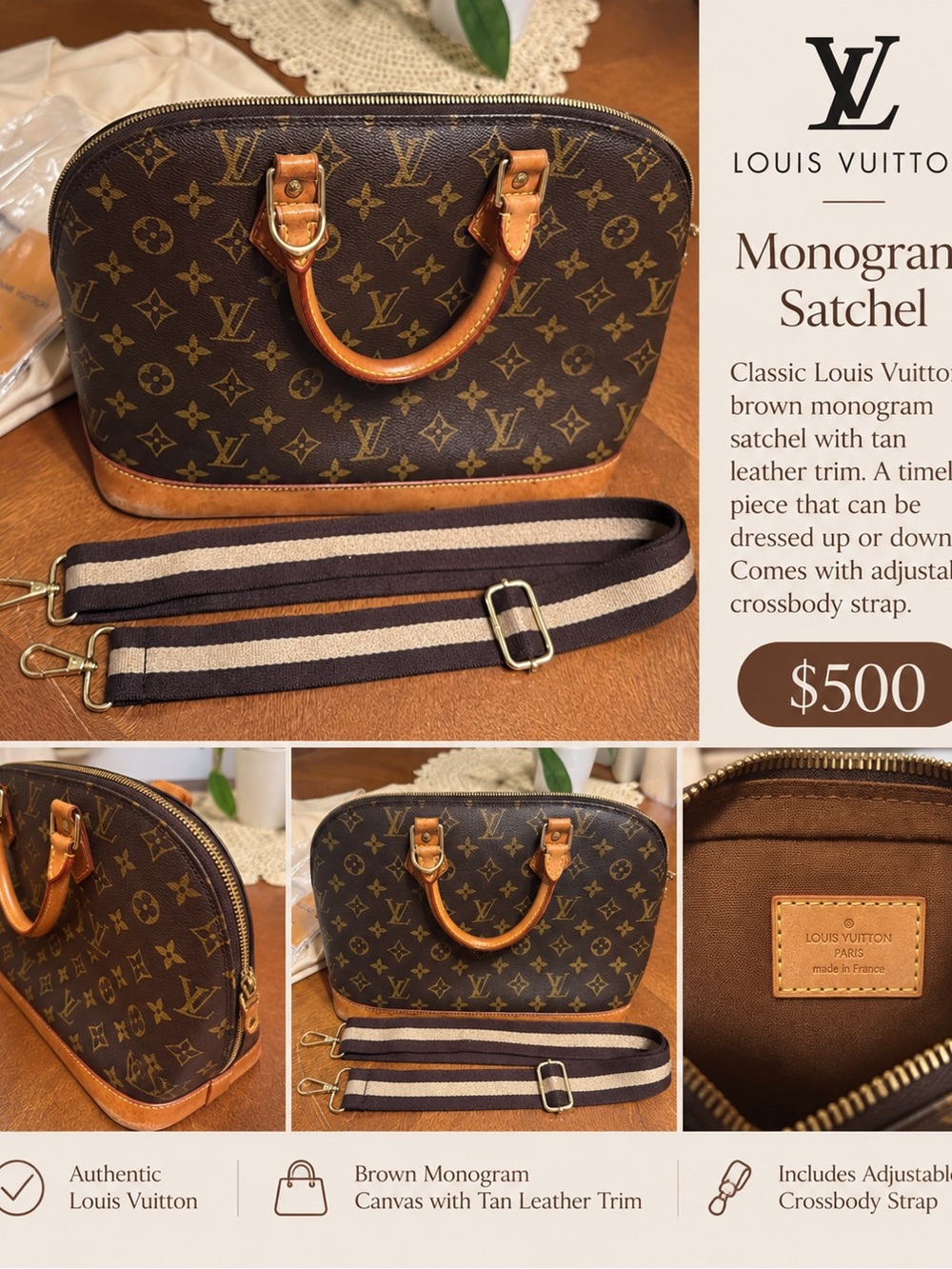 Louis Vuitton Monogram Satchel in Brown with Tan Trim